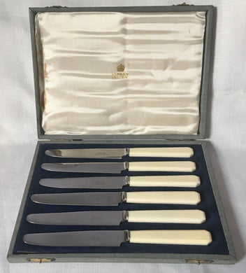 Asprey, cased set of six silver plated and ivory handled tea knives, circa 1930/40's.