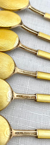 Cased Set of Six Art Deco Silver Gilt & Guilloche Enamel Demitasse Spoons. David Andersen, Norway. 2 troy ounces.