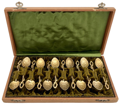 Twelve Naturalistic Leaf & Vine Form Gilt Metal Teaspoons, circa 1870 - 1890.
