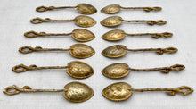 Victorian Cased Set of Twelve Naturalistic Leaf & Vine Form Gilt Metal Teaspoons, circa 1870 - 1890.