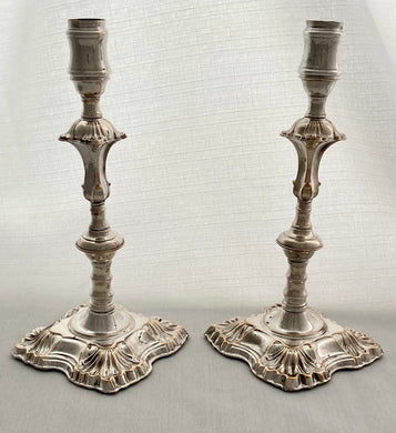 Pair of Early George III Old Sheffield Plate Candlesticks, ex Gordon Crosskey Collection, circa 1765.