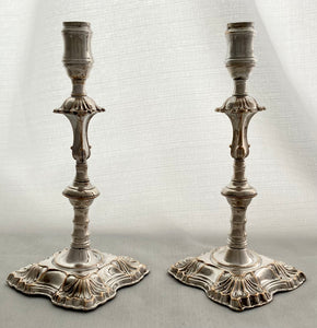 Pair of Early George III Old Sheffield Plate Candlesticks, ex Gordon Crosskey Collection, circa 1765.