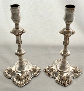 Pair of Early George III Old Sheffield Plate Candlesticks, ex Gordon Crosskey Collection, circa 1765.