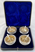Victorian Cased Set of Four Silver Salts & Spoons. London 1897/98 William Hutton & Sons Ltd. 7.2 troy ounces.