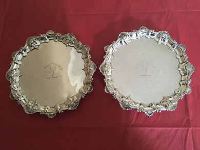 Early Victorian matching pair of silver salvers. London 1840 William Bateman & Daniel Ball. 23 troy ounces.