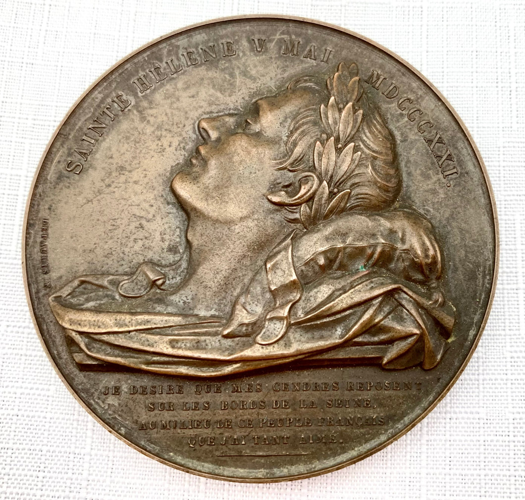 Napoleon Lying Dead at Saint Helena & Return to France Bronze Relief Medallion by Depaulis.