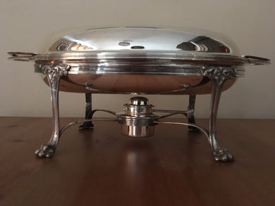 Georgian, George III, silver entree dish & cover on plated warming stand. Later silver liner. London 1798 William Abdy II. 34 troy ounces.