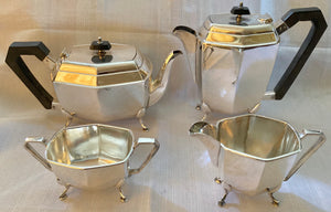 Art Deco silver plated four piece tea set of hexagonal form. Lewis Rose & Co. of Sheffield circa 1935.