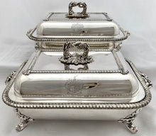 Georgian, George IV, Pair of Old Sheffield Plate Entree Dishes & Covers on Warming Stands. Arms of Dickson & Huntley, circa 1820 - 1830.