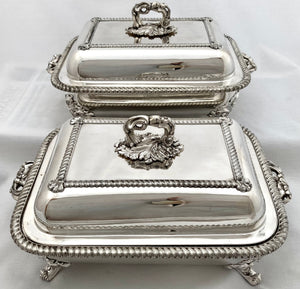 Georgian, George IV, Pair of Old Sheffield Plate Entree Dishes & Covers on Warming Stands. Arms of Dickson & Huntley, circa 1820 - 1830.