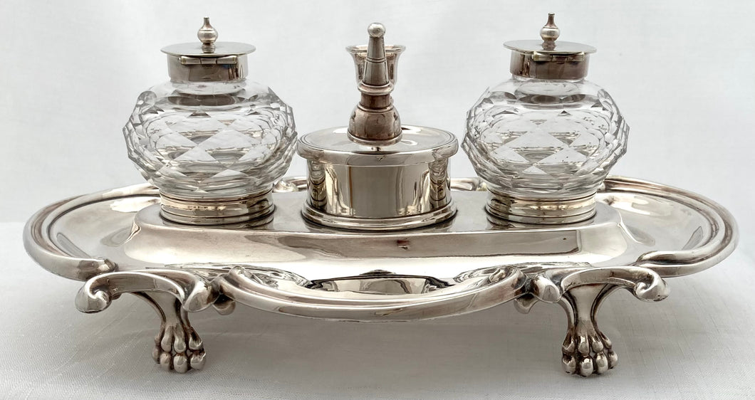 Silver Plated Inkstand with Twin Inkwells & Taperstick Holder.