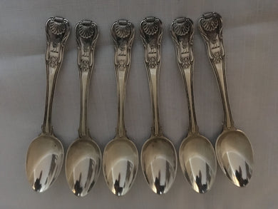 Georgian, George III, set of six silver heavy gauge Kings pattern crested teaspoons. London 1818 Thomas Barker. 7 troy ounces.