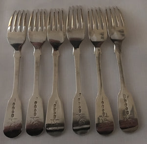 Georgian, George IV, set of 6 silver dessert forks. London 1824 James Thomas.  9 troy ounces.