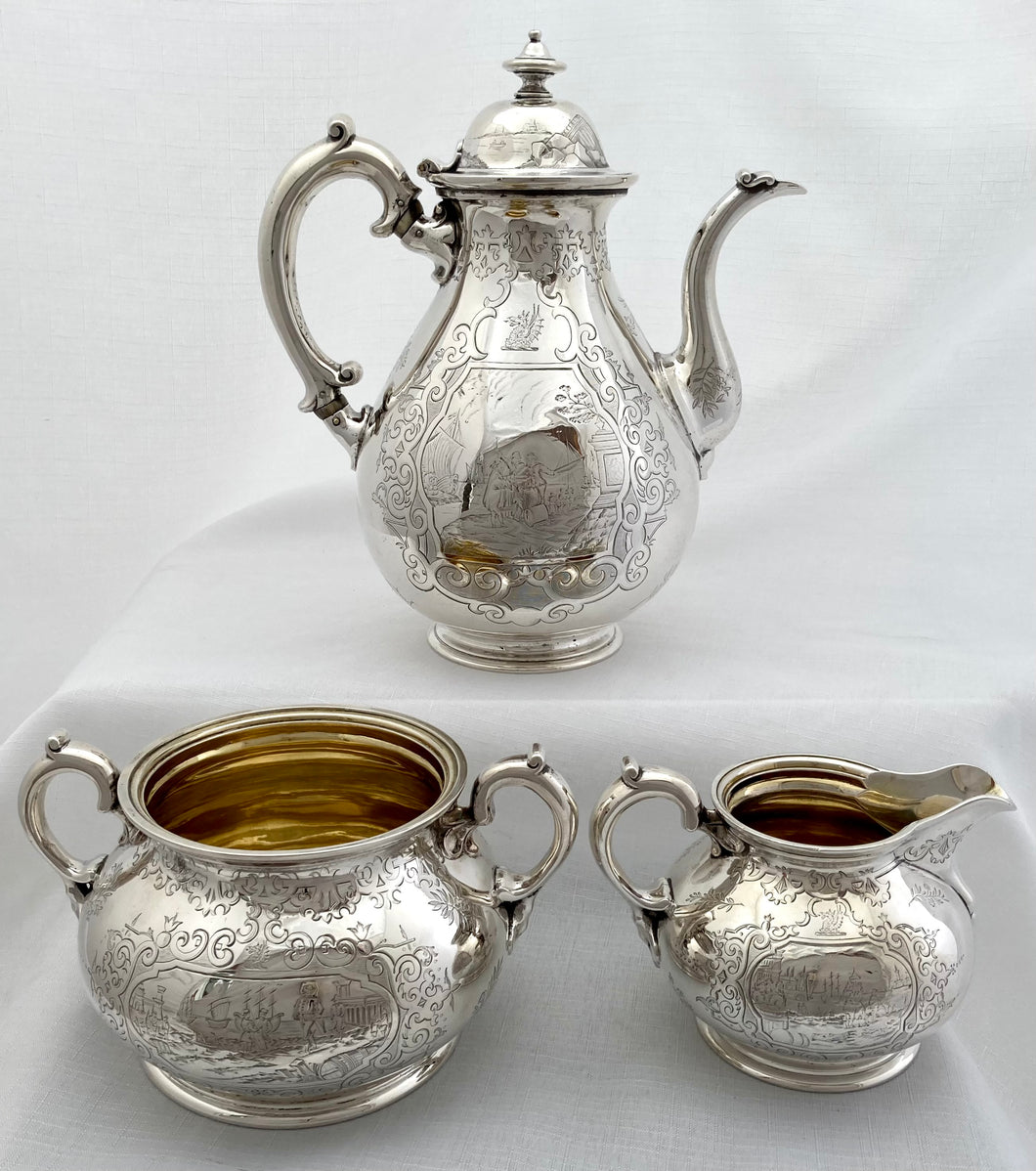 Victorian Silver Coffee Set of Maritime Interest for Sir Thomas Lucas. London 1867/72 R & S Garrard & Co. 57 troy ounces.