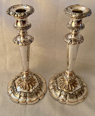 Late Georgian Pair of Old Sheffield Plate Ornate Candlesticks, circa 1830.