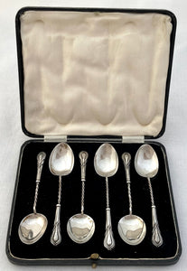 Edwardian Cased Set of Six Silver Art Nouveau Coffee Spoons. Birmingham 1905 William Devenport. 1.1 troy ounces.