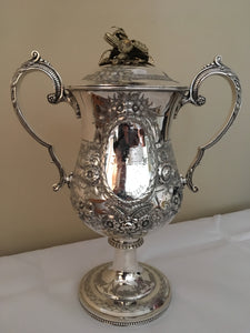 Excellent quality mid Victorian large silver plated trophy cup and cover, circa 1869.