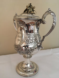 Excellent quality mid Victorian large silver plated trophy cup and cover, circa 1869.