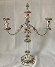 Pair of William IV / Early Victorian Period Sheffield Plate Twin Branch Three Light Candelabra, circa 1830 - 1850.