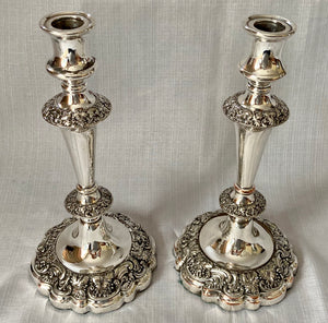 Pair of William IV / Early Victorian Period Sheffield Plate Twin Branch Three Light Candelabra, circa 1830 - 1850.