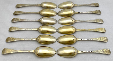 Georgian, George II, Twelve Silver Gilt Tablespoons. London 1730/31 Caleb Hill. 31.2 troy ounces.