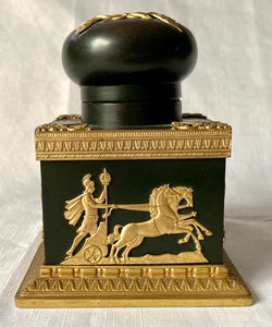 19th Century French Empire Style Gilt Bronze Mounted Ebonised Metalware Inkwell.