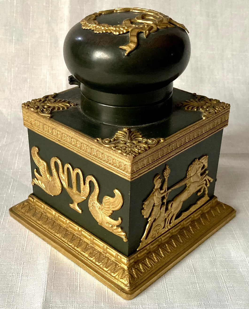 19th Century French Empire Style Gilt Bronze Mounted Ebonised Metalware Inkwell.