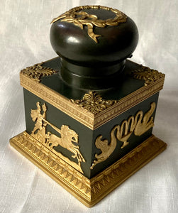 19th Century French Empire Style Gilt Bronze Mounted Ebonised Metalware Inkwell.