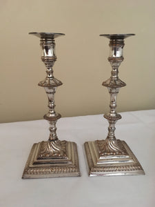 Pair of Georgian, George III, Old Sheffield Plate candlesticks, with silver drip trays. Circa 1770