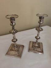 Pair of Georgian, George III, Old Sheffield Plate candlesticks, with silver drip trays. Circa 1770