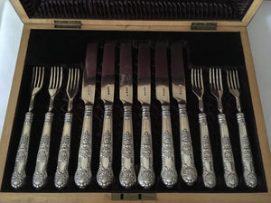 Georgian, George IV, cased set of silver Kings pattern fruit knives & forks for six persons. Sheffield 1824 - 28 Aaron Hadfield & Sons.