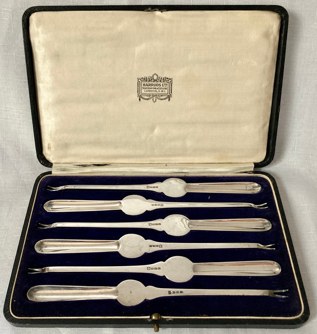 Harrods Cased Set of Six Silver Plated Lobster Picks, circa 1925.
