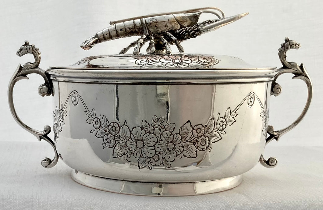 Silver Plated Lobster Bisque Lidded Bowl.