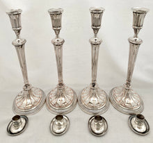 Georgian, George III, Set of Four Adam Style Old Sheffield Plate Candlesticks, circa 1790 - 1800.