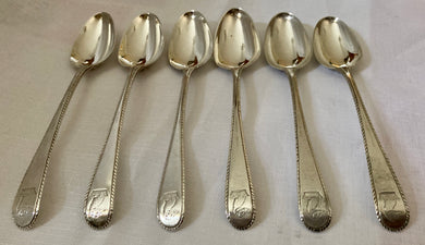 Georgian, George III, Six Silver Feather Edge Dessert Spoons. London 1781 George Smith III. 6 troy ounces.