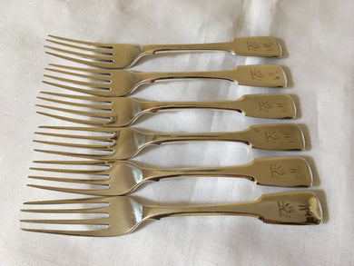 Georgian, George IV, set of six crested silver dessert forks. London 1821 Solomon Royes. 9.77 troy ounces.