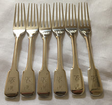 Georgian, George IV, set of six crested silver dessert forks. London 1821 Solomon Royes. 9.77 troy ounces.