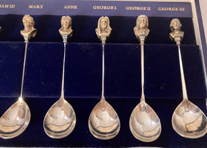 "The American Royal Family". Ten Silver Spoons with Cast Gilt Monarch Finials. London 1977 Library of Imperial History.   11.3 troy ounces.