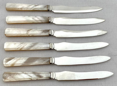 Six Art Deco Silver & Carved Mother of Pearl Fruit Knives. Sheffield 1932 Sydney Hall & Co.