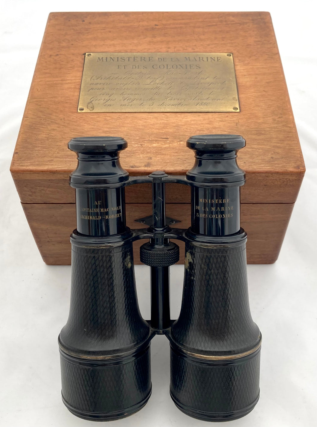 Cased Pair of Binoculars Presented by the French Naval & Colonies Minister to Capain MacNoah of the 